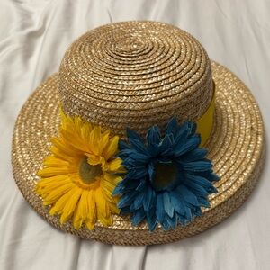 Vintage Laura Ashley Mother & Child GIRLS Straw Hat, Yellow & Blue Flowers